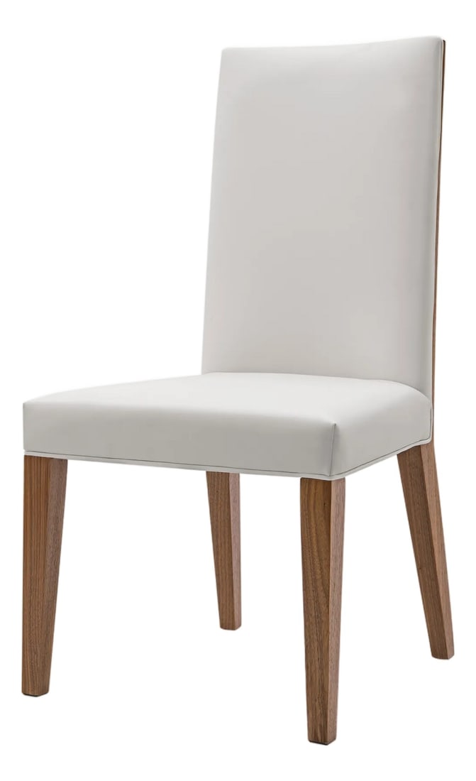 Modern Greg Sheres Style Walnut Backed Dining Chair - A Pair: Modern Walnut backed Dining Chair Designed by Greg Sheres. A classic modern high back chair with veneered wood back and faux leather seat and inside back. This is our "Lauren" dining chair. As
