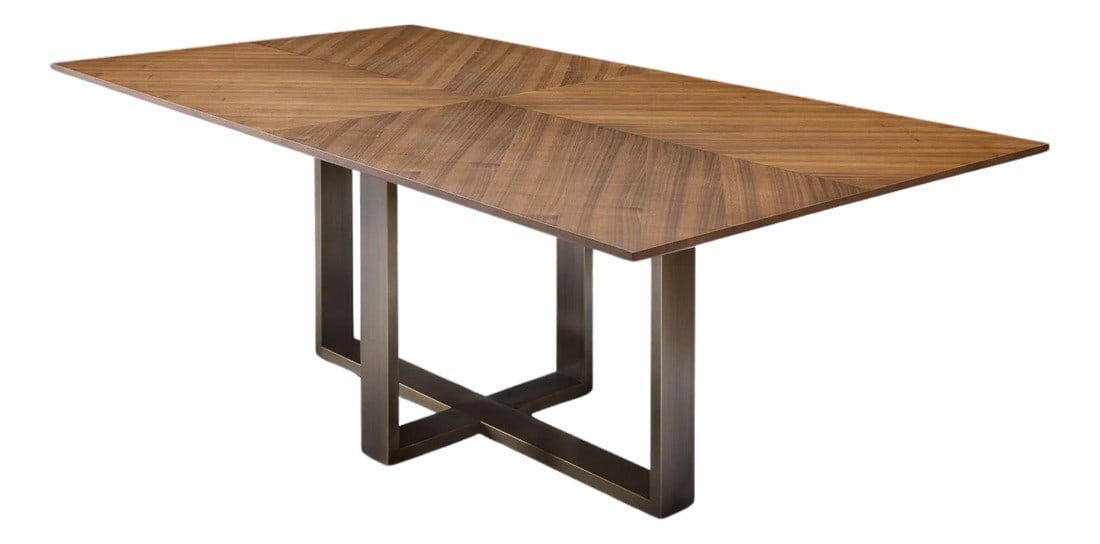 Modern Greg Sheres Style Walnut and Bronze Dining Table: Modern Walnut and Bronze Dining table designed by Greg Sheres. This clean design combines a handsome walnut wood tabletop with an antique bronze base. This table is both dramatic and light in feeling 