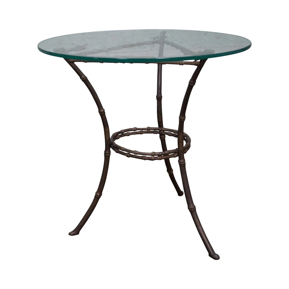 Brass & Glass Faux Bamboo Round Small Side Table: A brass and glass, faux bamboo, round, small side table that is 40 years old and made in America. This is Hollywood Regency style and is in clean, vintage condition. MEASUREMENTS: H: 17.75" x W: 18" x