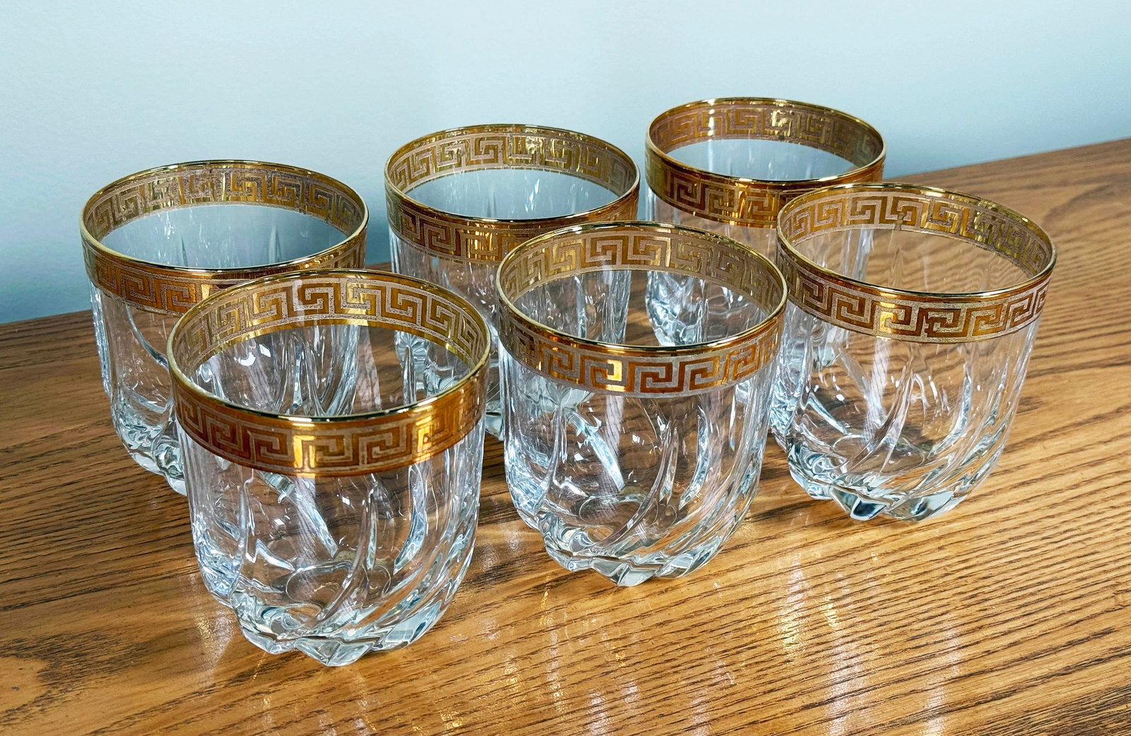 Vintage Gold Greek Key Rimmed Crystal Old Fashioned Glasses - Set of 6 - 6