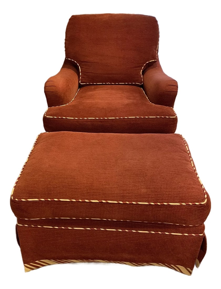 Southwood Arm Chair and Ottoman: Excellent example of Southwoods chair and ottoman design and fine construction. Heavy high quality red cotton fabric has no signs of wear. There is red and tan piping and a matching red and tan diagon