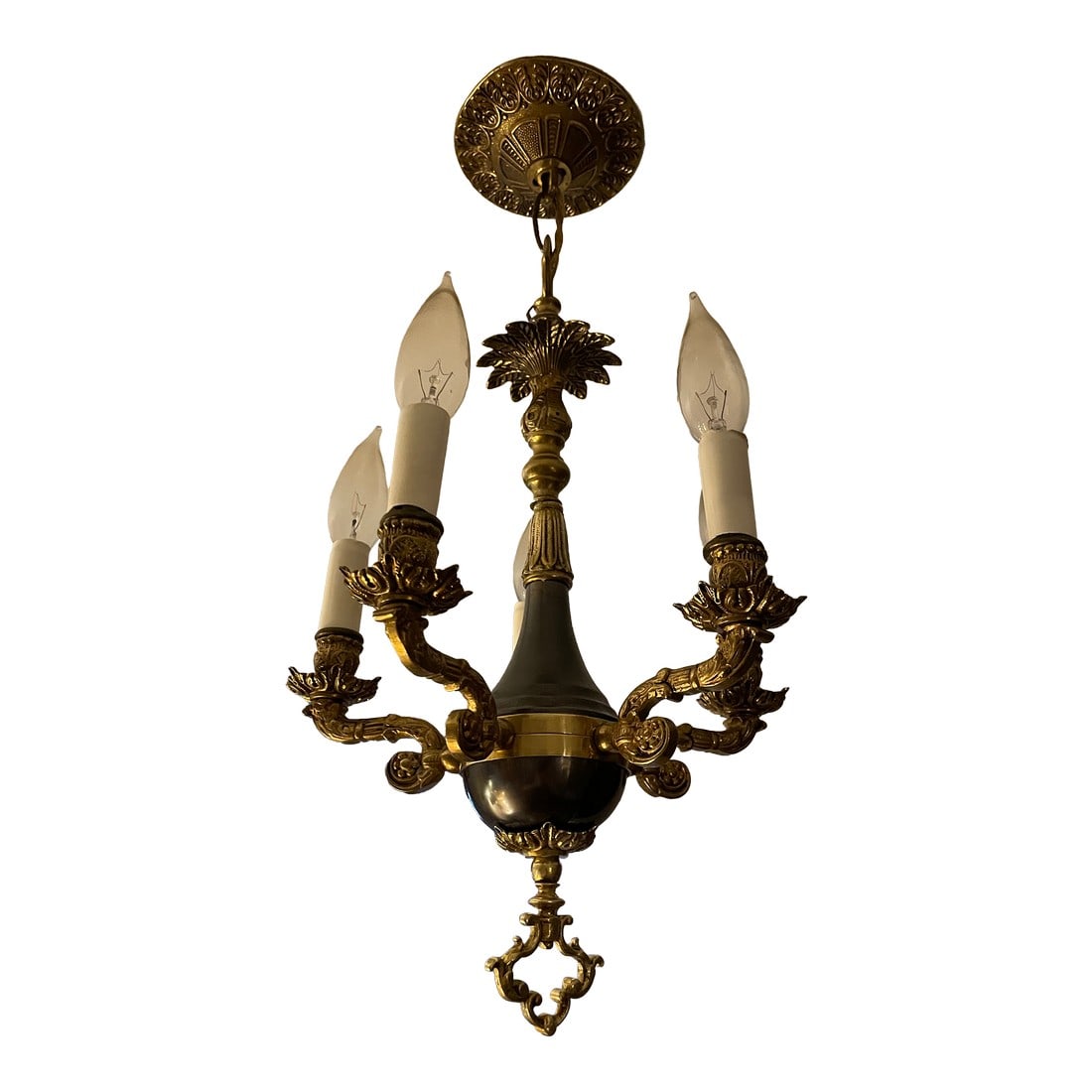 1970s 5 Light Brass Chandelier: Beautiful petite 5 light brass chandelier with black teardrop center ball. Condition: Alterations: Original Condition Unaltered Imperfections: Some Imperfections Condition Notes: Excellent like new.