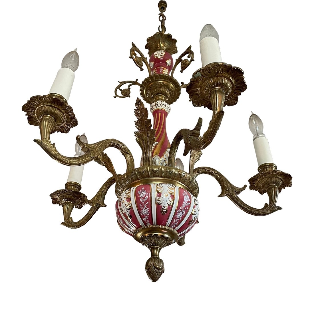 5 Light Brass and Ceramic Chandlier: Beautiful 5 light brass and ceramic chandelier. The chandelier body is composed of three beautifully decorated ceramic parts, one round base and two columnar. The ceramic parts feature a rose, gold