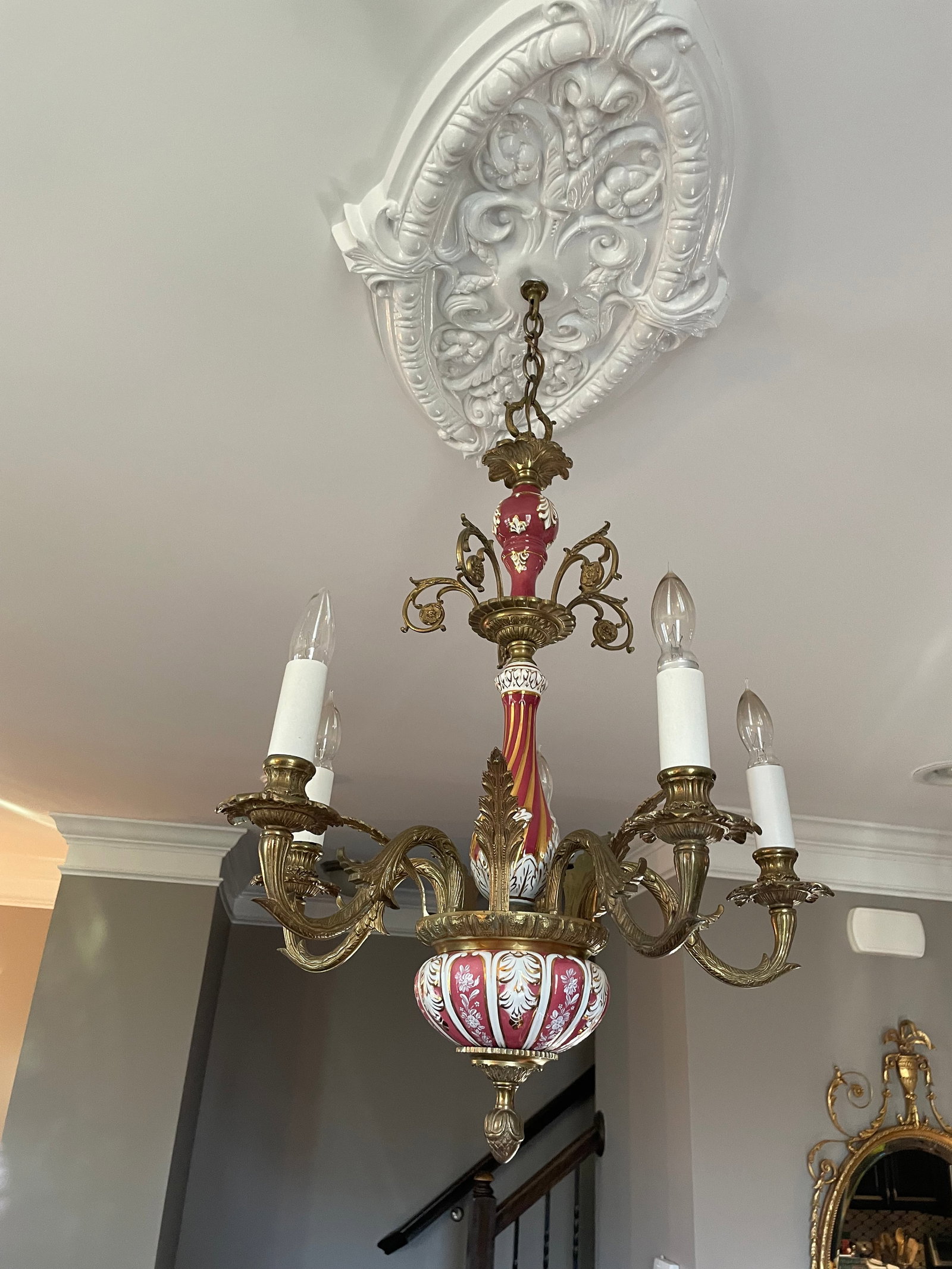5 Light Brass and Ceramic Chandlier - 2