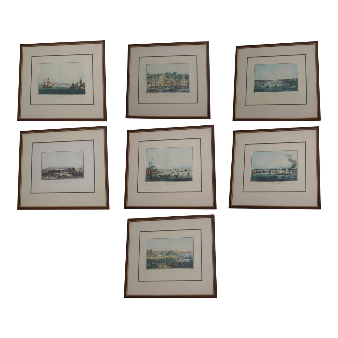 Set of 7 Vintage Framed Colored Engravings Etchings Military Ships: Age: Approx: 100+ Years Old Details: Nice Matching Frames Stunning Details Landscape & Military Tall Ships Professionally Framed & Matted Condition: Excellent Condition Size: 28w x 1d x 25.5h Co