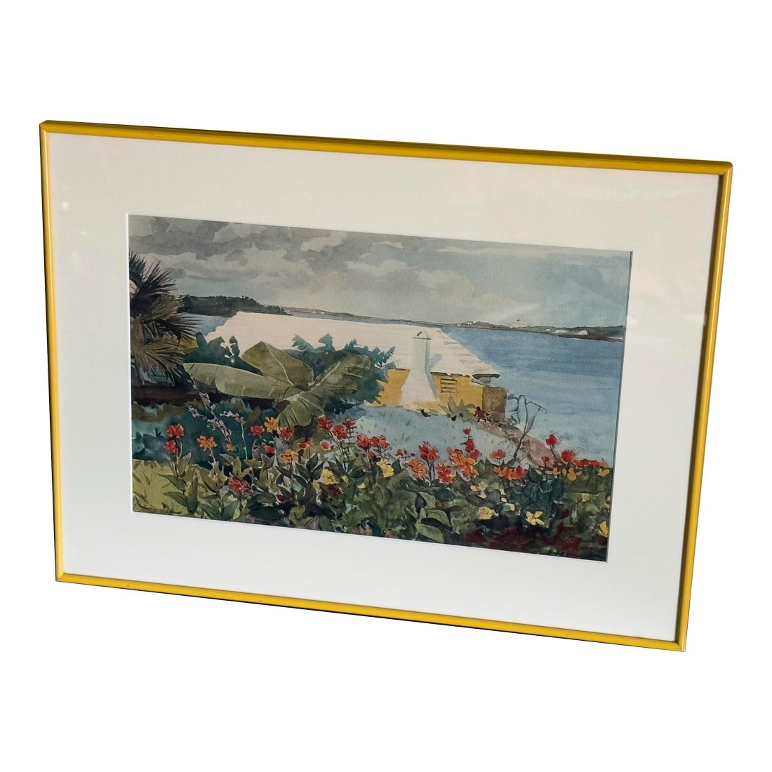Vintage Winslow Homer Flower Garden and Bungalow Bermuda Reproduction Print, 1960s: Flower Garden and Bungalow, Bermuda by American artist Winslow Homer was painted in 1899 and is held at the Metropolitan Museum of Art in New York. The original painting shows a Bermuda bungalow with