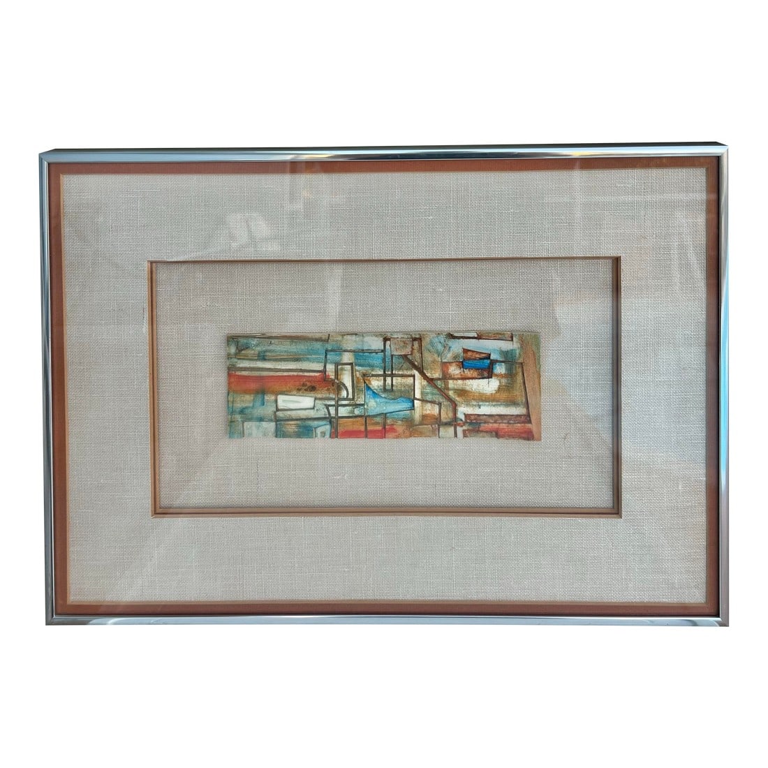 Vintage Framed Abstract Tile Framed "Bridge and Skyline ": Abstract framed art tile titled "Bridge and Skyline" Silver Metal Frame measuring 19 1/2" x 13 1/2" . The inside picture measurements are 9" x 3". It has a 3" matting. Condition: Alterations: Original