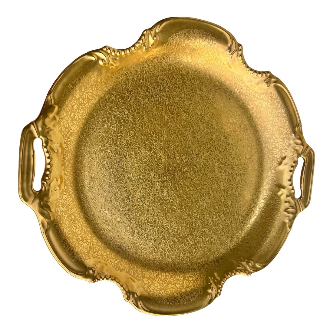 1930s Round Gold Porcelain Tray by Pickard: This is a Pickard China 24 karat gold floral pattern tray. This was used in a bathroom to display crystal perfume bottles. The tray features a heavy, all-over gold (AOG) design encrusted with an etche