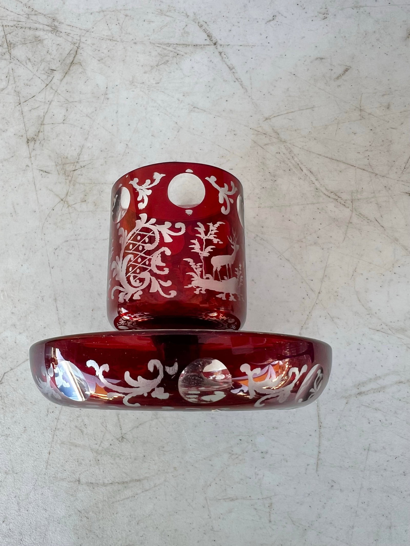 Vintage Early 20th Century Red Crystal Bohemian Glass Footed Holder - 3