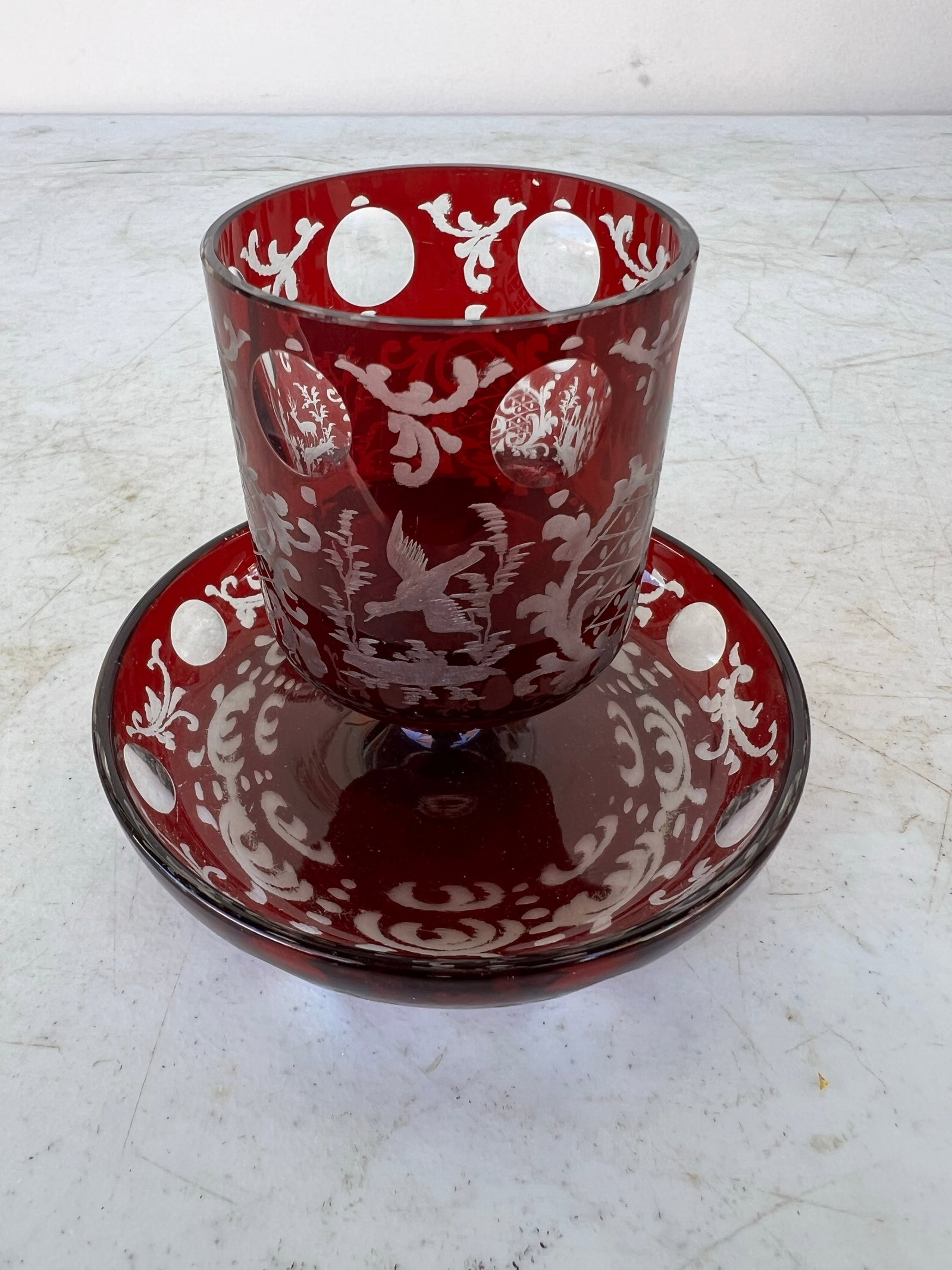 Vintage Early 20th Century Red Crystal Bohemian Glass Footed Holder - 6