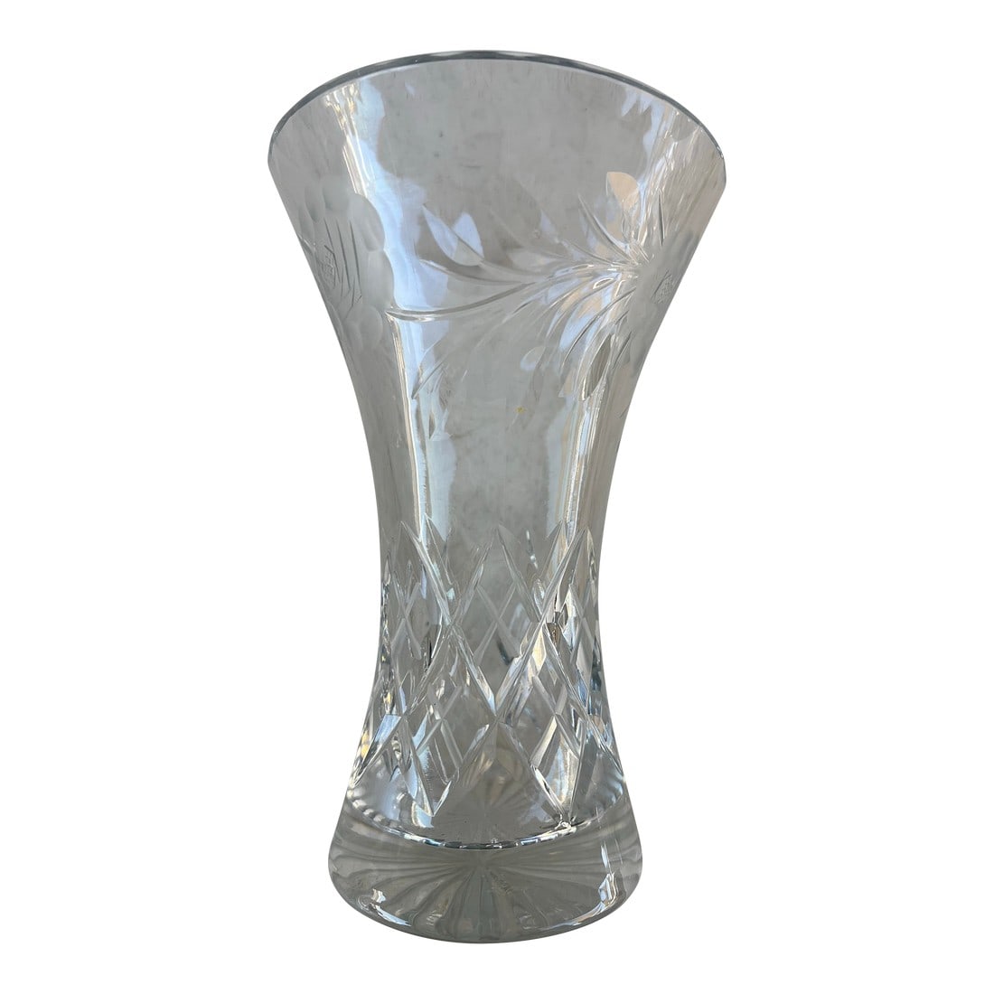 Vintage Crystal Cut Glass Vase With Etched Roses Brierley Signed: A Beautiful Vintage English Royal Brierley Crystal Vase. The vase was made in the 1960s. The clear glass brilliant cut crystal vase stands about 7" tall. The vase is tapered from a 4 1/2" diameter rim