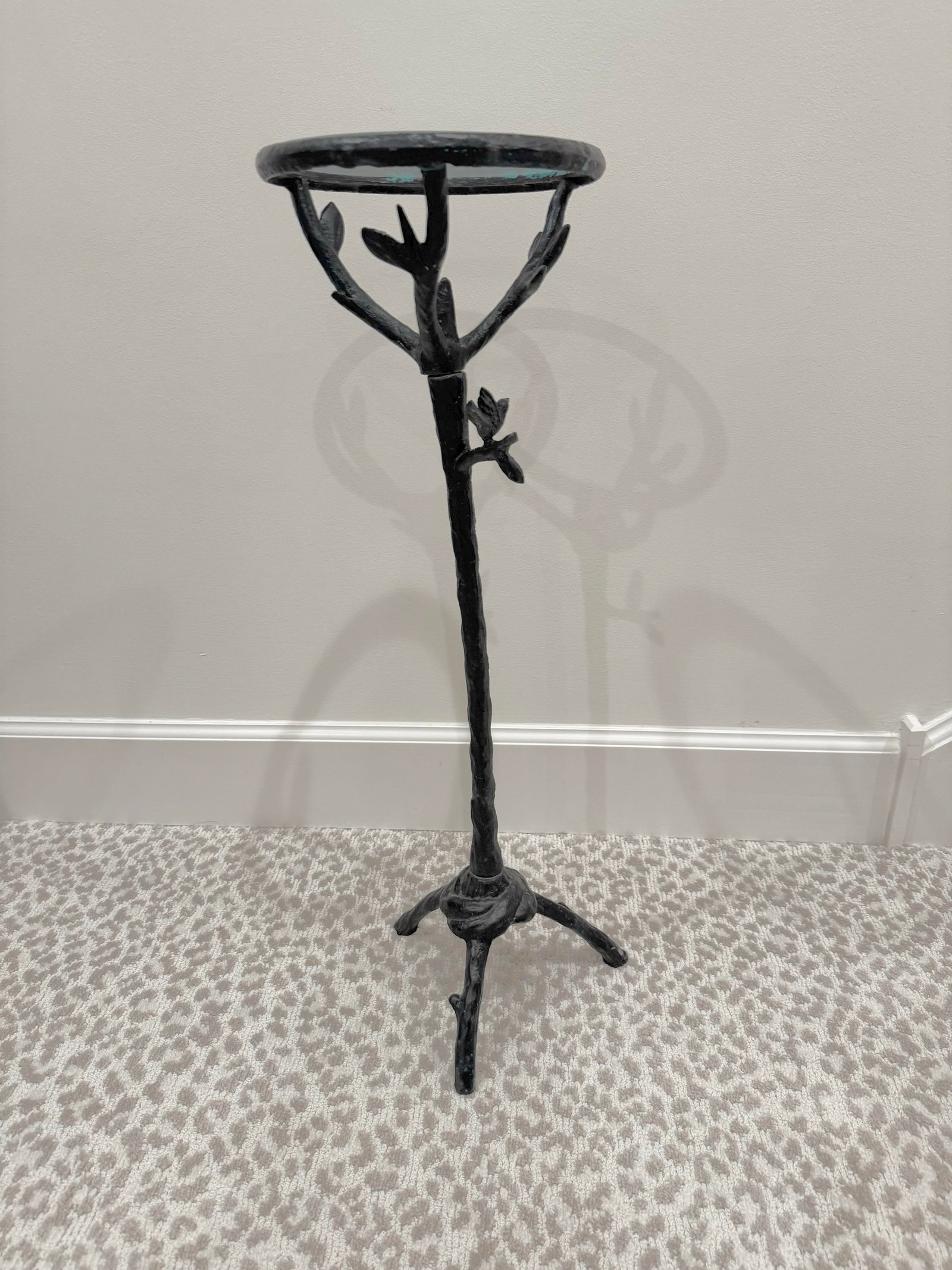 Organic Modern Sculptural Cast Iron Faux Bois Pedestal Side Table With Glass Top, Giacometti Sty - 3