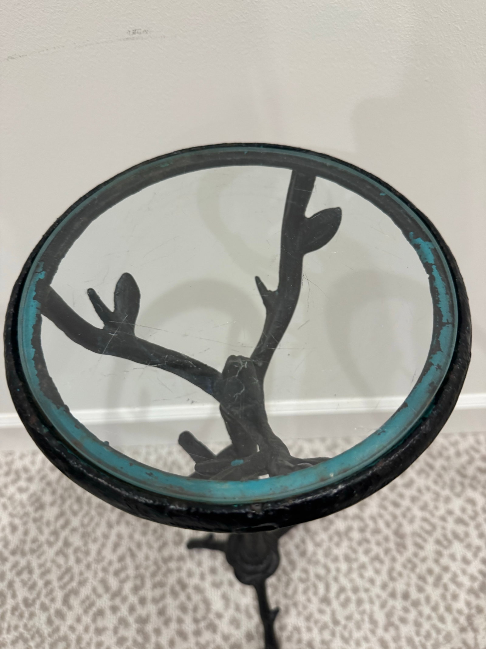 Organic Modern Sculptural Cast Iron Faux Bois Pedestal Side Table With Glass Top, Giacometti Sty - 4