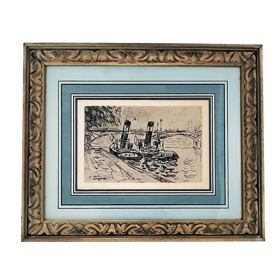 Paul Signac the Pont Des Arts Impressionist Etching by Paul Signac 1927 Authenticated: Paul Signac, French (1863 - 1935) - The Pont des Arts, Year: 1927, Medium: Etching, signed in the plate Image Size :8.25" wide x 5.50" high (measured the visible portion showing-actual image larger