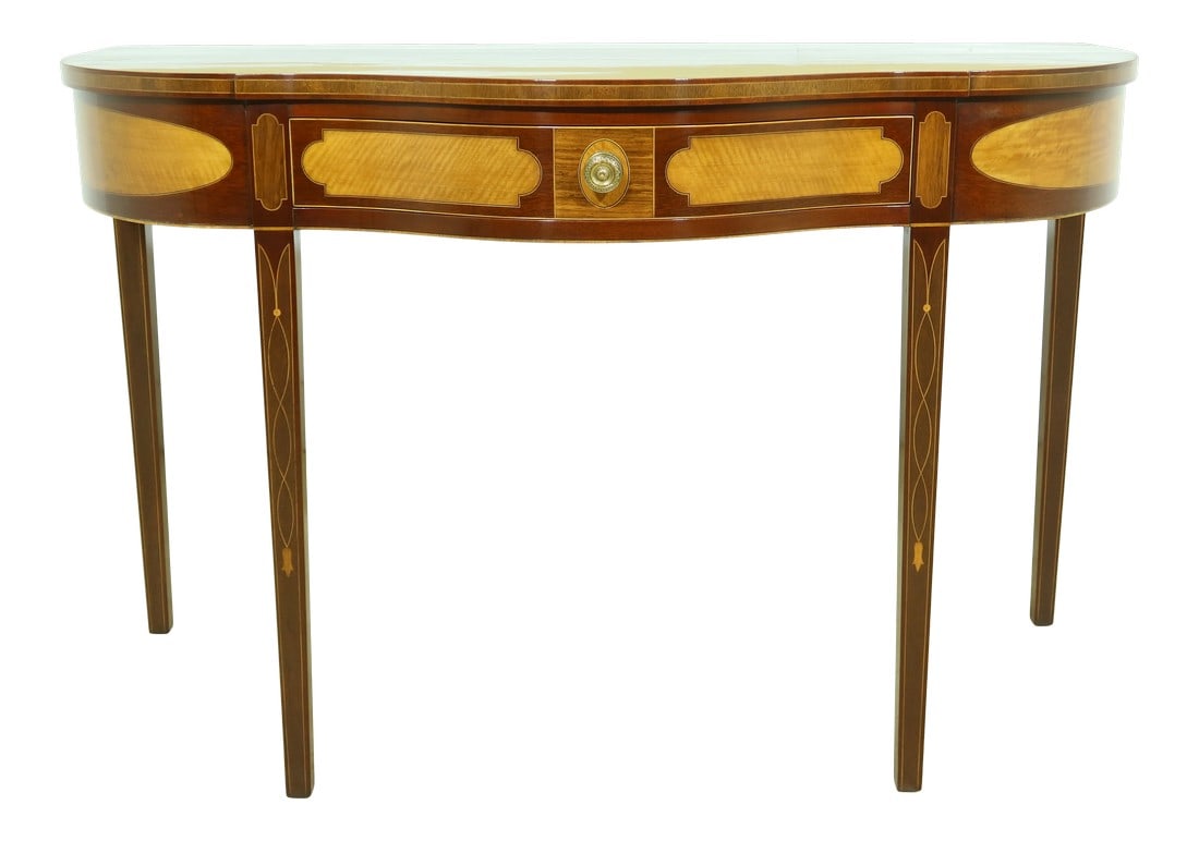 Kindel Winterthur Collection Highly Inlaid Mahogany Console Table: Approx: 20 Years Old Winterthur Collection Rich High Sheen Mahogany Finish High Quality Construction 18 C. Design Federal Style Traditional Style Brass Hardware Offered @ Fraction Original Retail