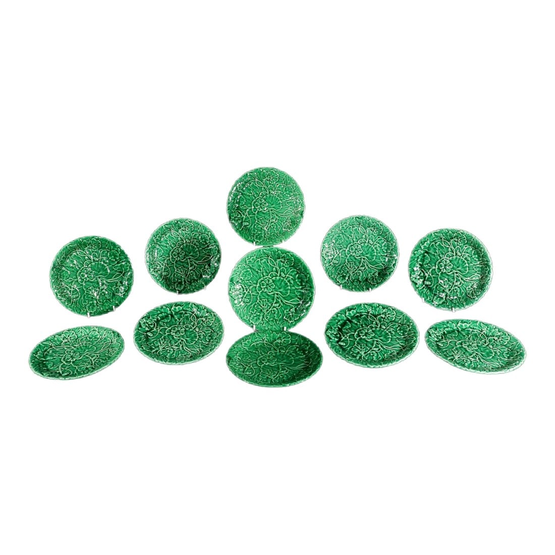 Vivid Verdure: Set of 11 Vintage Green Majolica "Lotus" Plates,: Vivid Verdure: Set of 11 Vintage Green Majolica "Lotus" Plates, by The Haldon Group Dated 1983 A vibrant and collectible set of ten vintage majolica-style pottery plates, produced by The Haldon Group