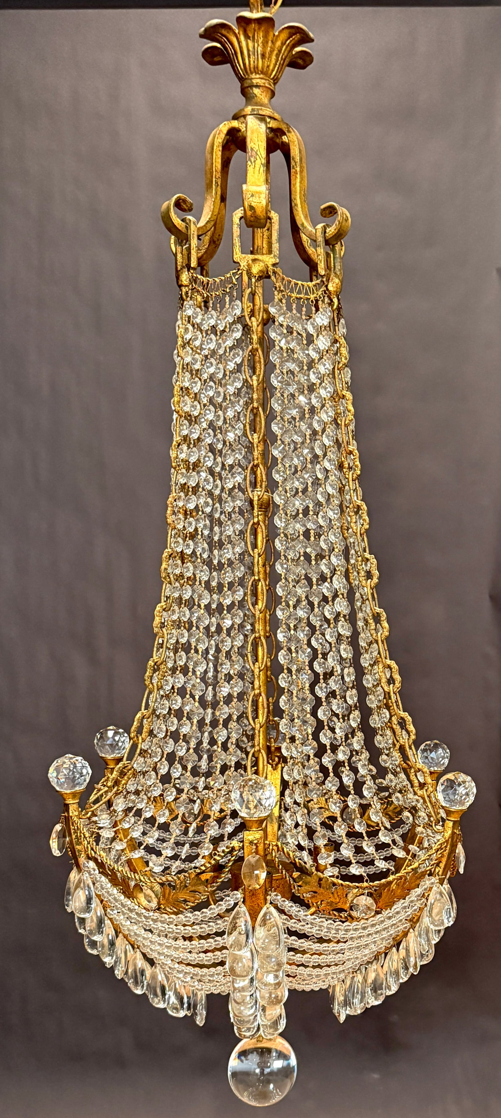 Mid 20th Century Hollywood Regency Gilt Metal & Crystal Beaded Basket Chandelier - 2