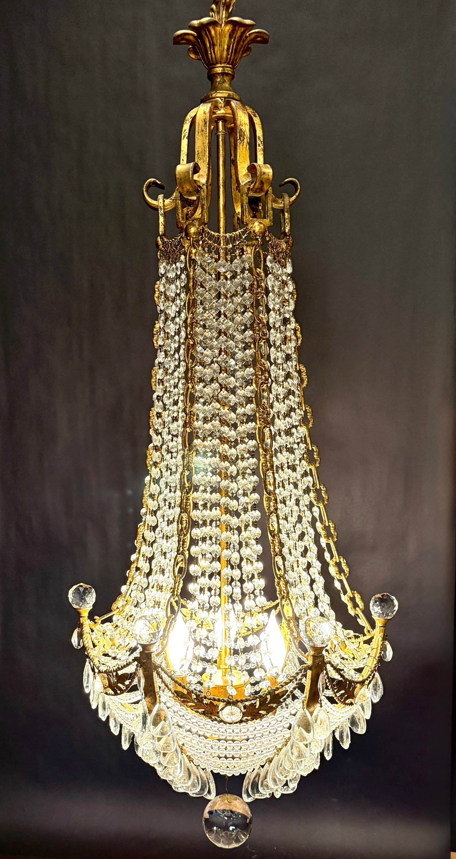 Mid 20th Century Hollywood Regency Gilt Metal & Crystal Beaded Basket Chandelier - 3