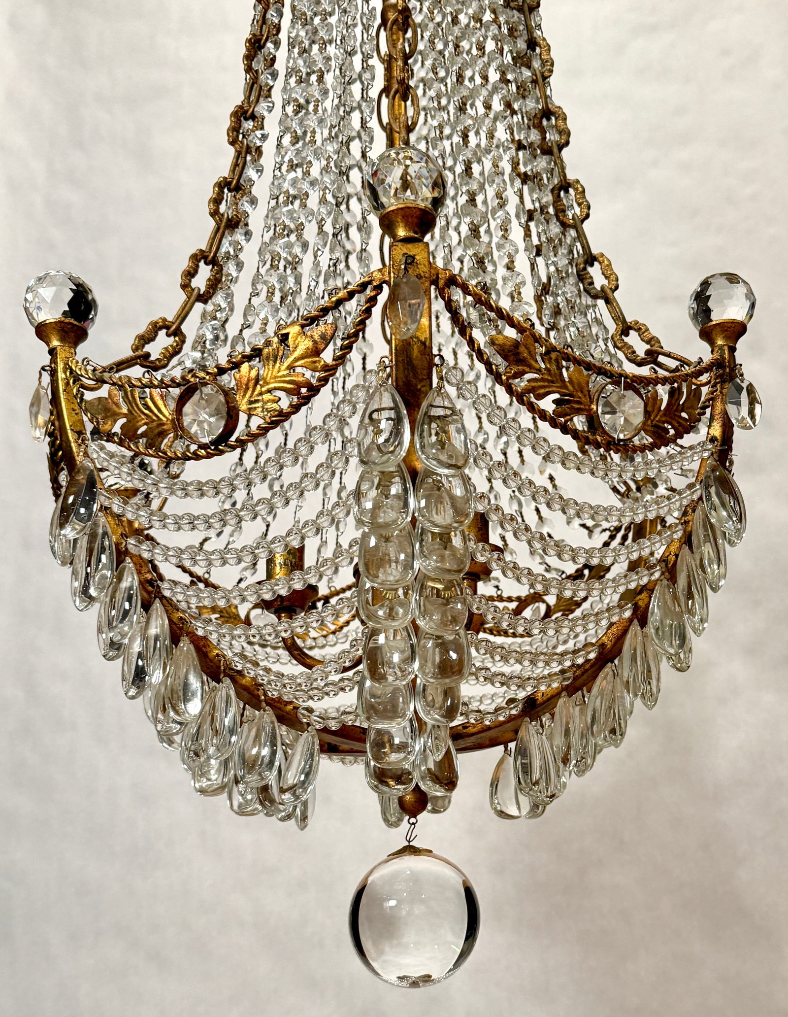 Mid 20th Century Hollywood Regency Gilt Metal & Crystal Beaded Basket Chandelier - 4