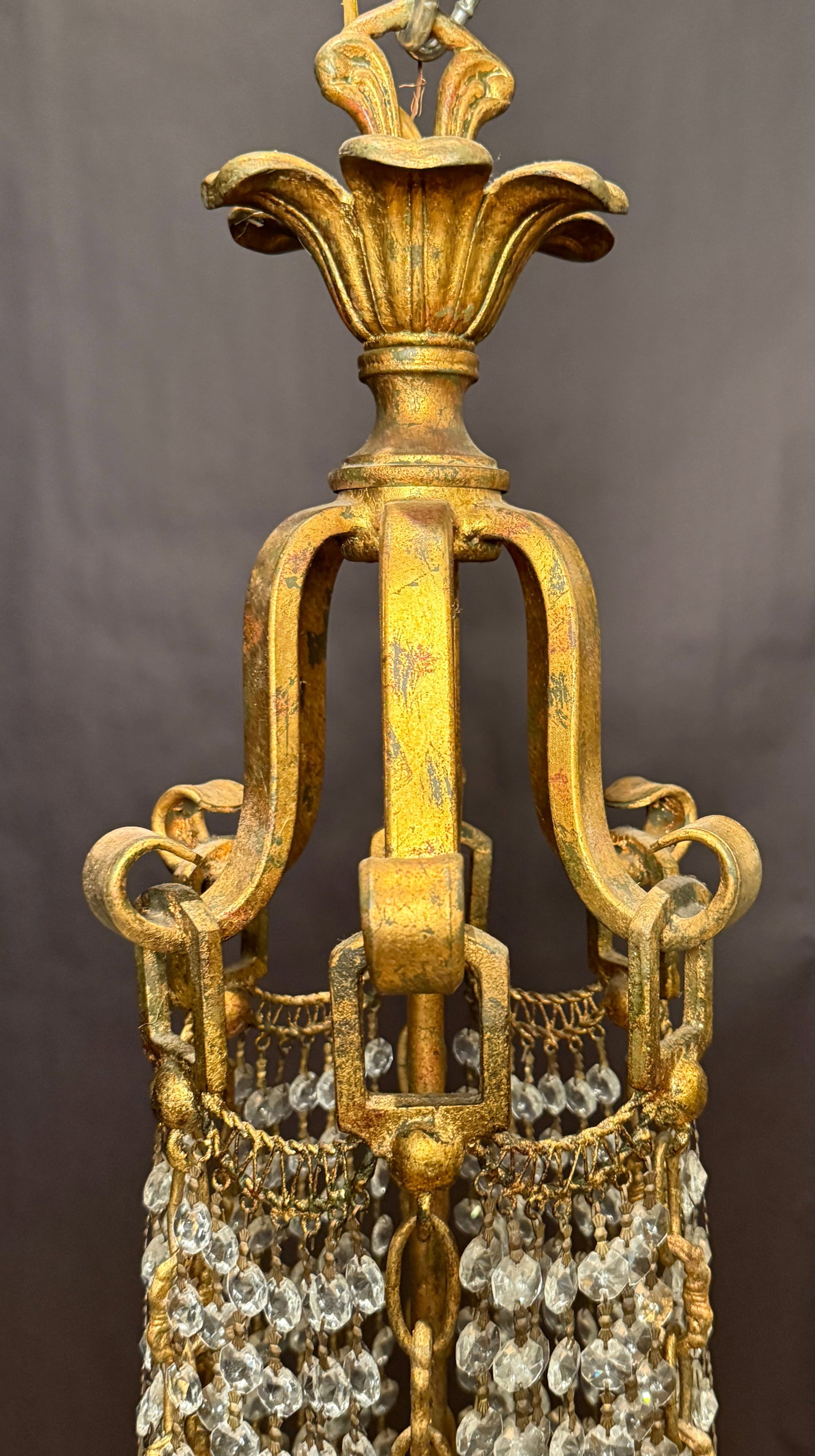 Mid 20th Century Hollywood Regency Gilt Metal & Crystal Beaded Basket Chandelier - 5
