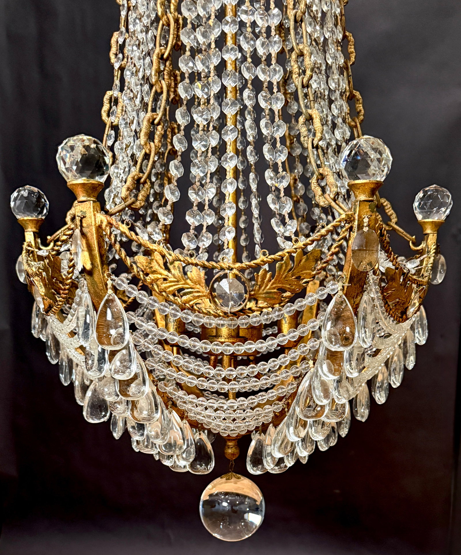 Mid 20th Century Hollywood Regency Gilt Metal & Crystal Beaded Basket Chandelier - 6