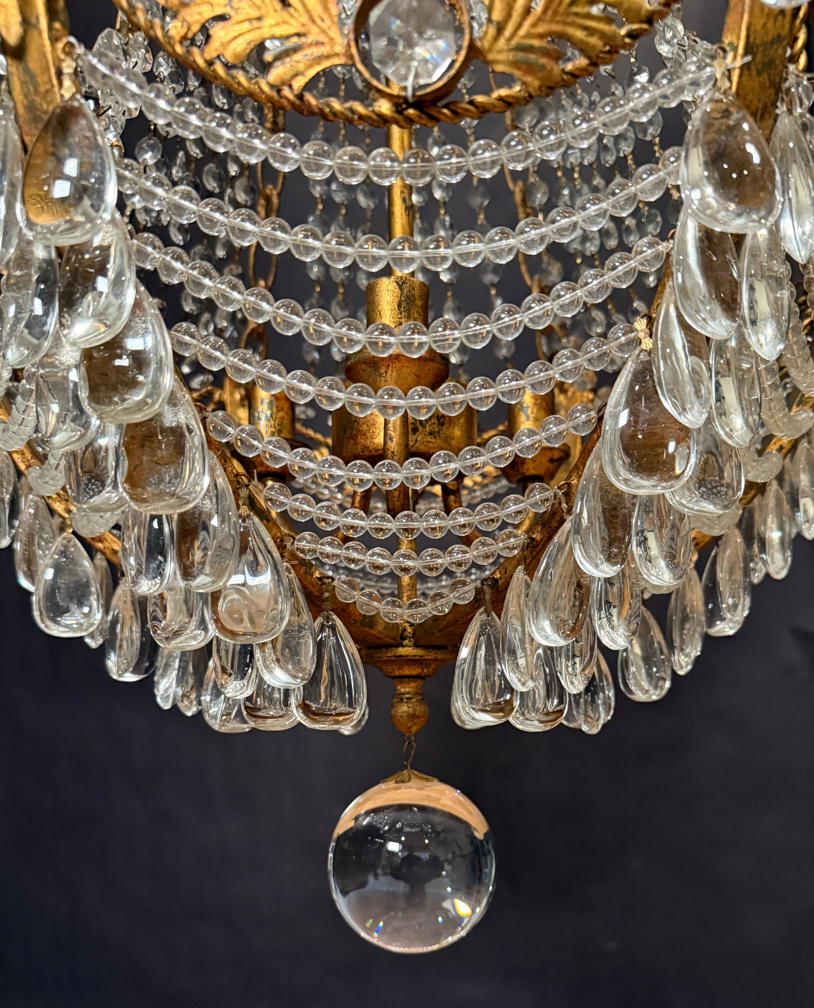 Mid 20th Century Hollywood Regency Gilt Metal & Crystal Beaded Basket Chandelier - 7