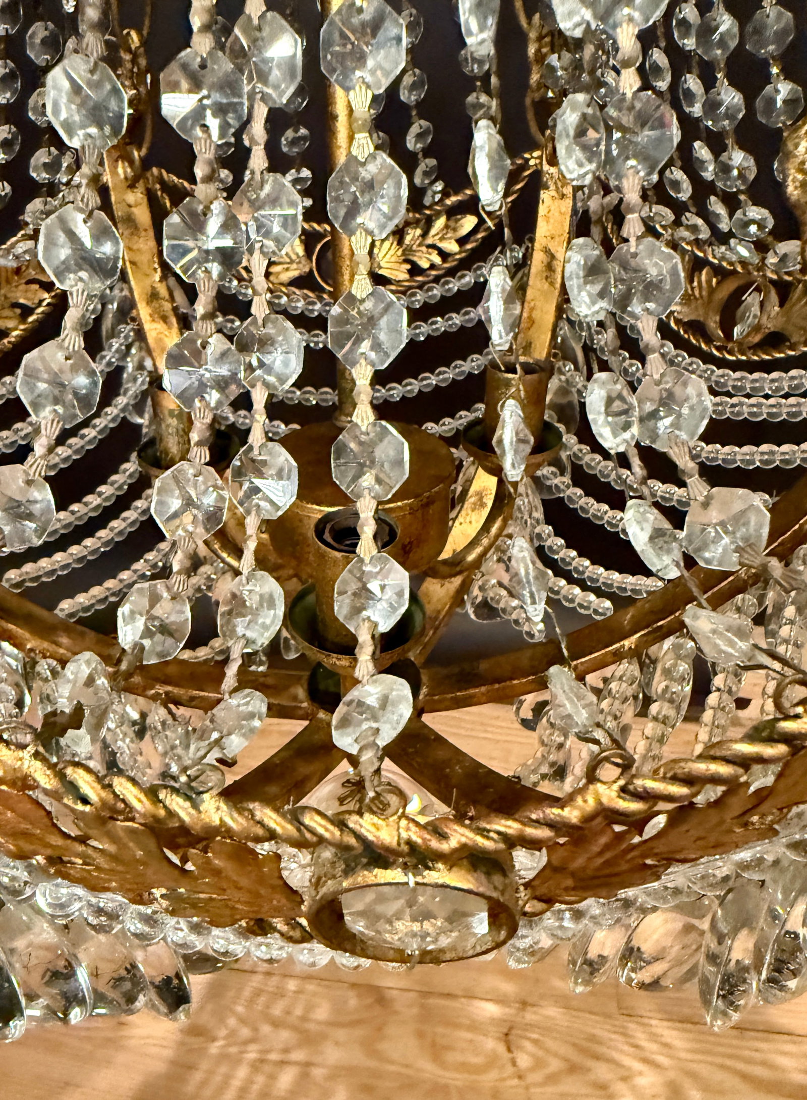 Mid 20th Century Hollywood Regency Gilt Metal & Crystal Beaded Basket Chandelier - 8