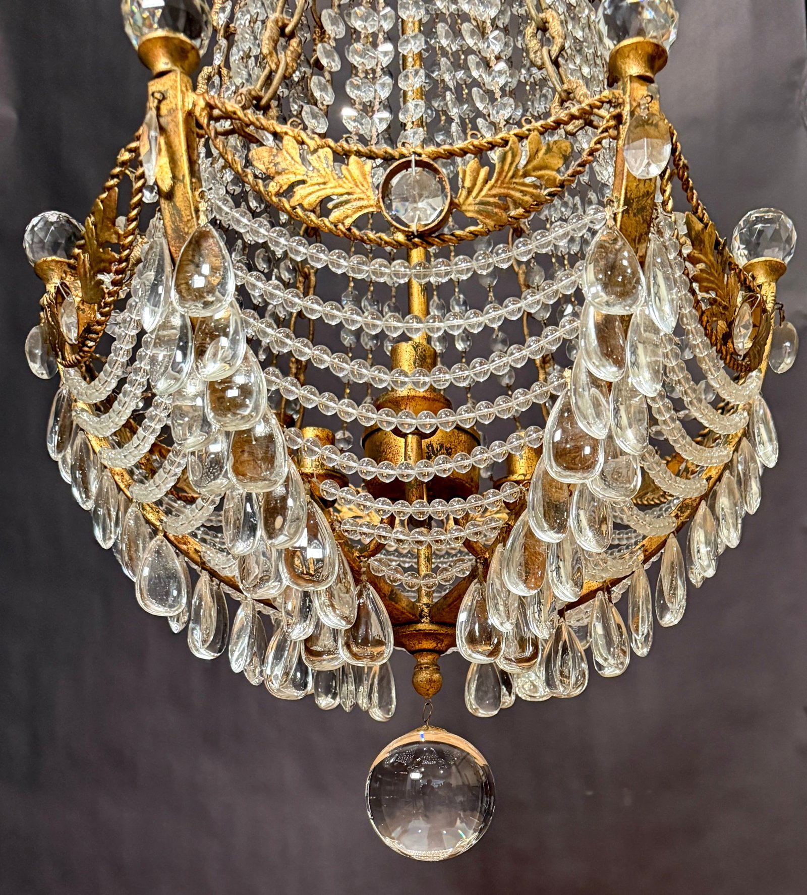 Mid 20th Century Hollywood Regency Gilt Metal & Crystal Beaded Basket Chandelier - 9