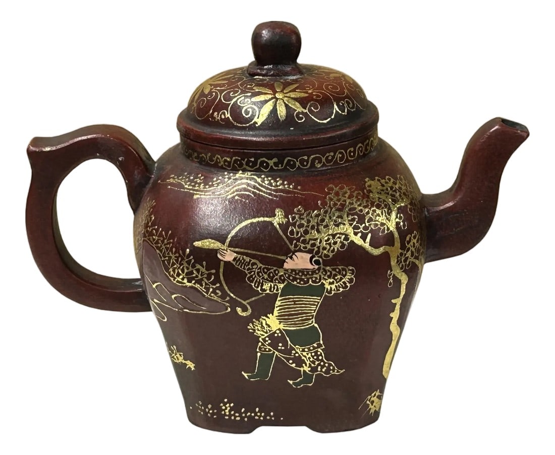 Vintage Chinese Reddish Brown Graphic Zisha Clay Teapot Art Display: This is an Oriental reddish-brown clay teapot featuring rich, golden graphic detailing. The squat, somewhat angular body of the pot is crafted from a dark, reddish-brown clay, which provides a