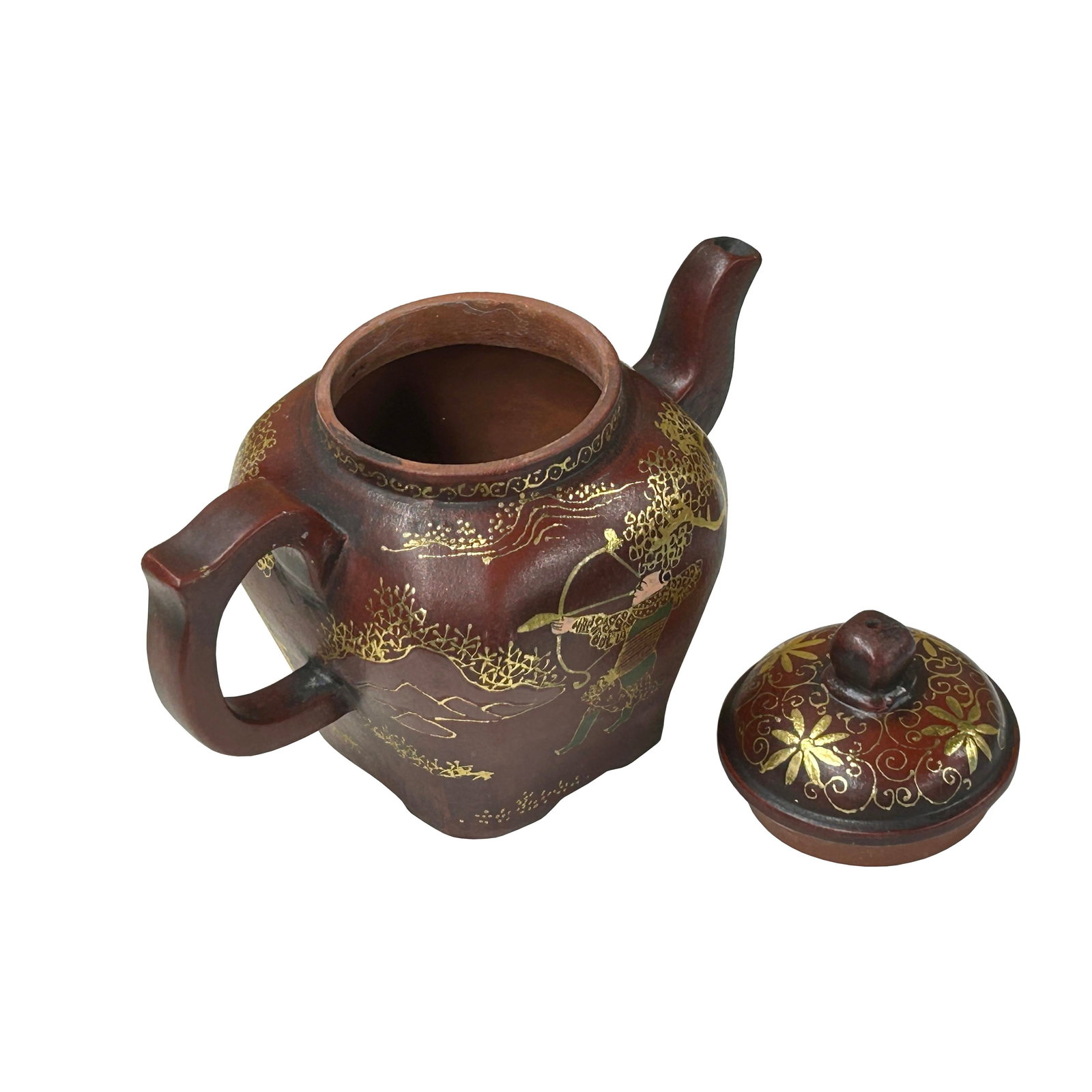Vintage Chinese Reddish Brown Graphic Zisha Clay Teapot Art Display - 3