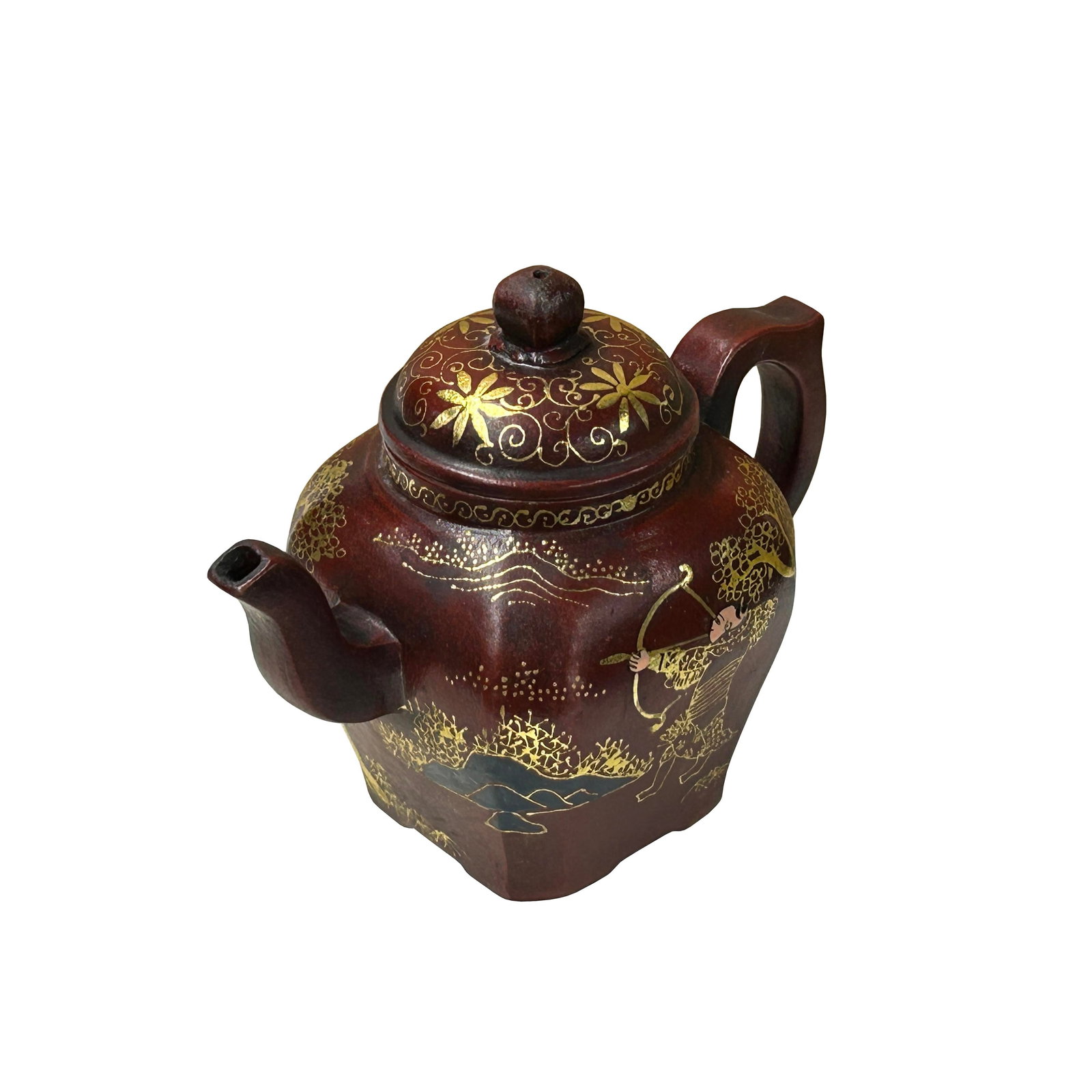 Vintage Chinese Reddish Brown Graphic Zisha Clay Teapot Art Display - 6