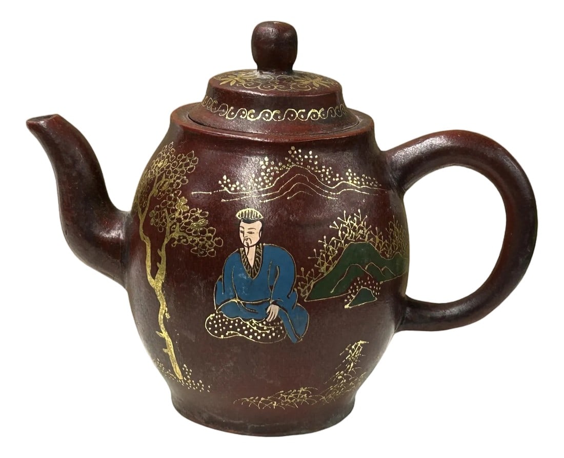 Vintage Chinese Reddish Brown Graphic Zisha Clay Teapot Art Display: This is a charming, somewhat globular earthenware teapot featuring a rich, mottled maroon or reddish-brown body. The surface is beautifully decorated with hand-painted scenes using gilded, gold-colore