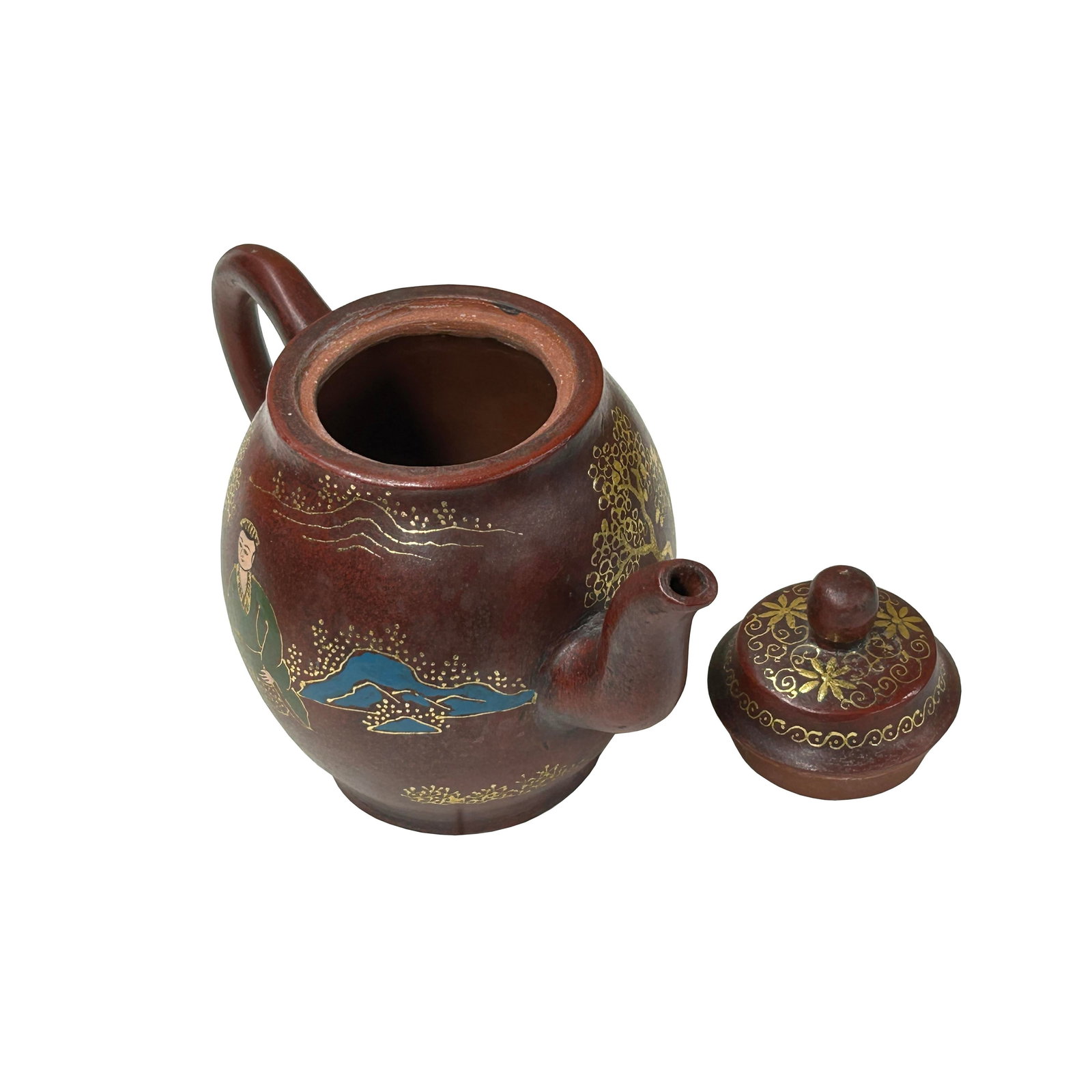 Vintage Chinese Reddish Brown Graphic Zisha Clay Teapot Art Display - 3