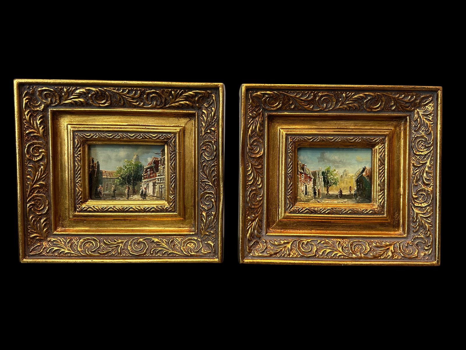 Pair of Vintage European Street Scene Oil Paintings on Board – Miniature Impressionist Art in - 2
