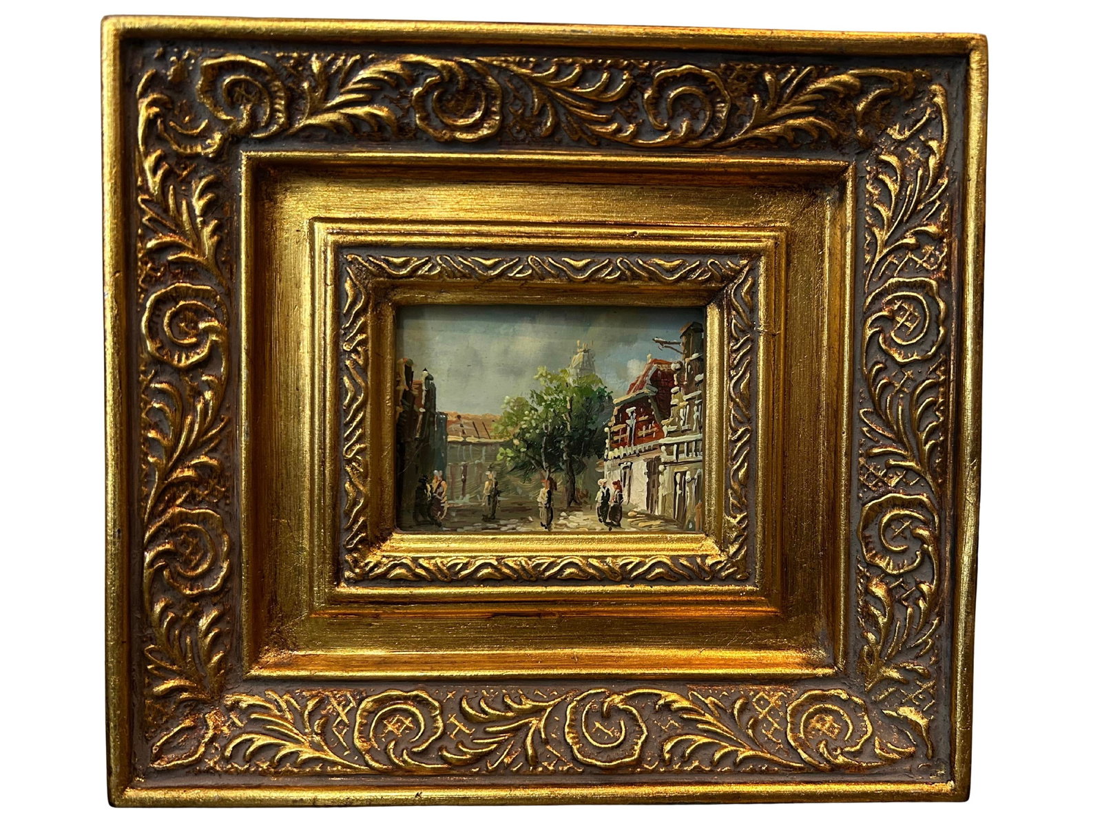 Pair of Vintage European Street Scene Oil Paintings on Board – Miniature Impressionist Art in - 3