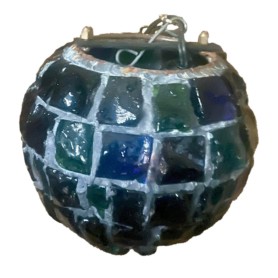 Peter Marsh Brutalist Hanging Colored Glass Chunk Fragment Globe Pendant Light: This is a fantastic brutalist style hanging globe made of large chunks of glass fragments in a multitude of colors soldered together. It is not signed but I have seen others like this attributed to