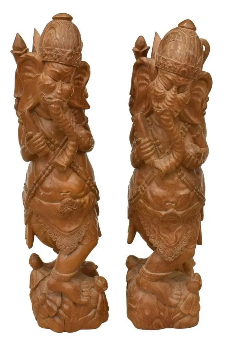 Large Ganesha Elephant God Carved Mango Wood Sculptures - a Pair - 10