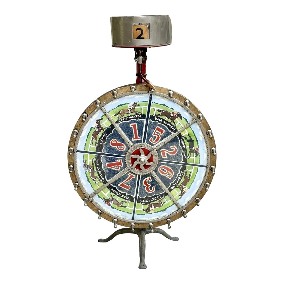 Rare 1920s Horse Racing Gaming Wheel by Evans & Co Chicago: This rare horse racing gaming wheel was manufactured by Evans & Co. of Chicago in the 1920s and is a striking example of early 20th-century American gaming equipment. The wheel features brightly