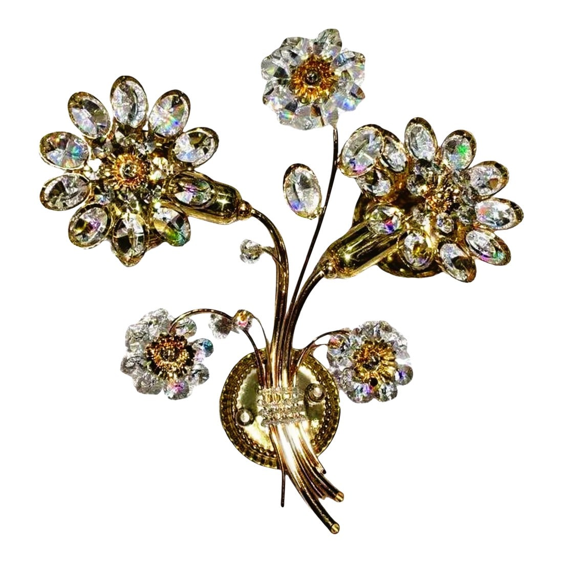Crystal Palwa Sconce, Wall Light, Vintage Hollywood Regency 24 Karat Gold, 1960s: Vintage Hollywood Regency 24 karat gold, crystal Palwa sconce, wall light 1960s. Manufactured by West-German lighting company Palwa (Palme & Walter) Two E 14 lamp sockets (bulbs are not included). Con