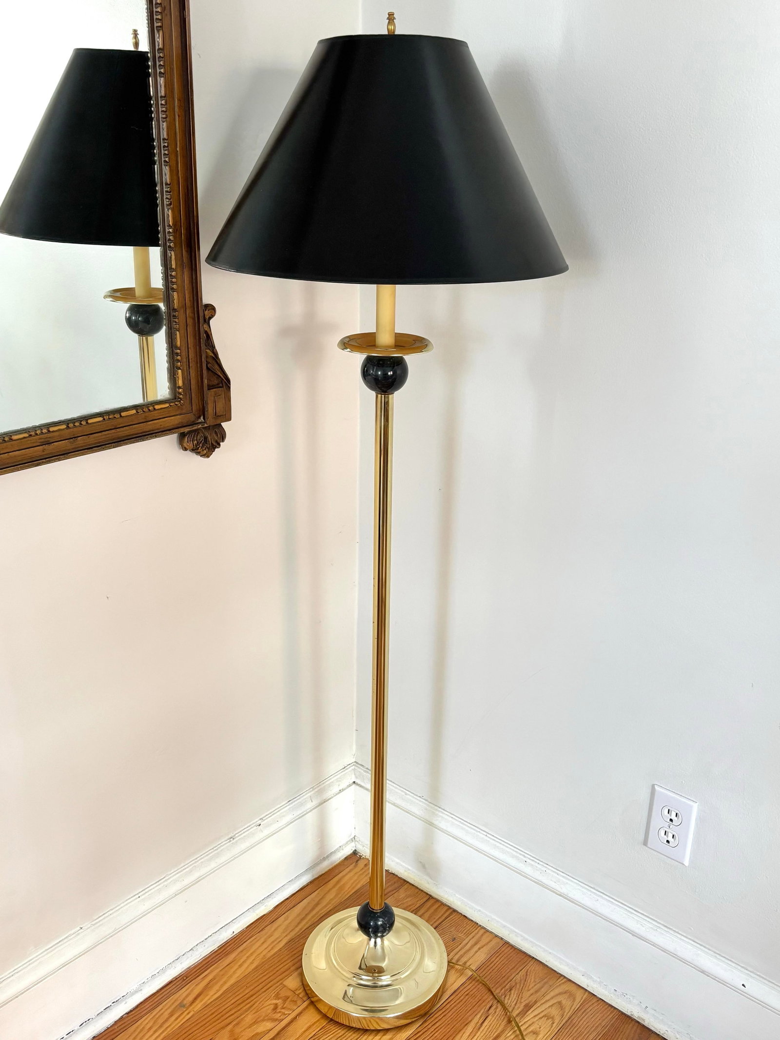 1970s Brass Floor Lamp With Marble Orbs and Black Shade - 11