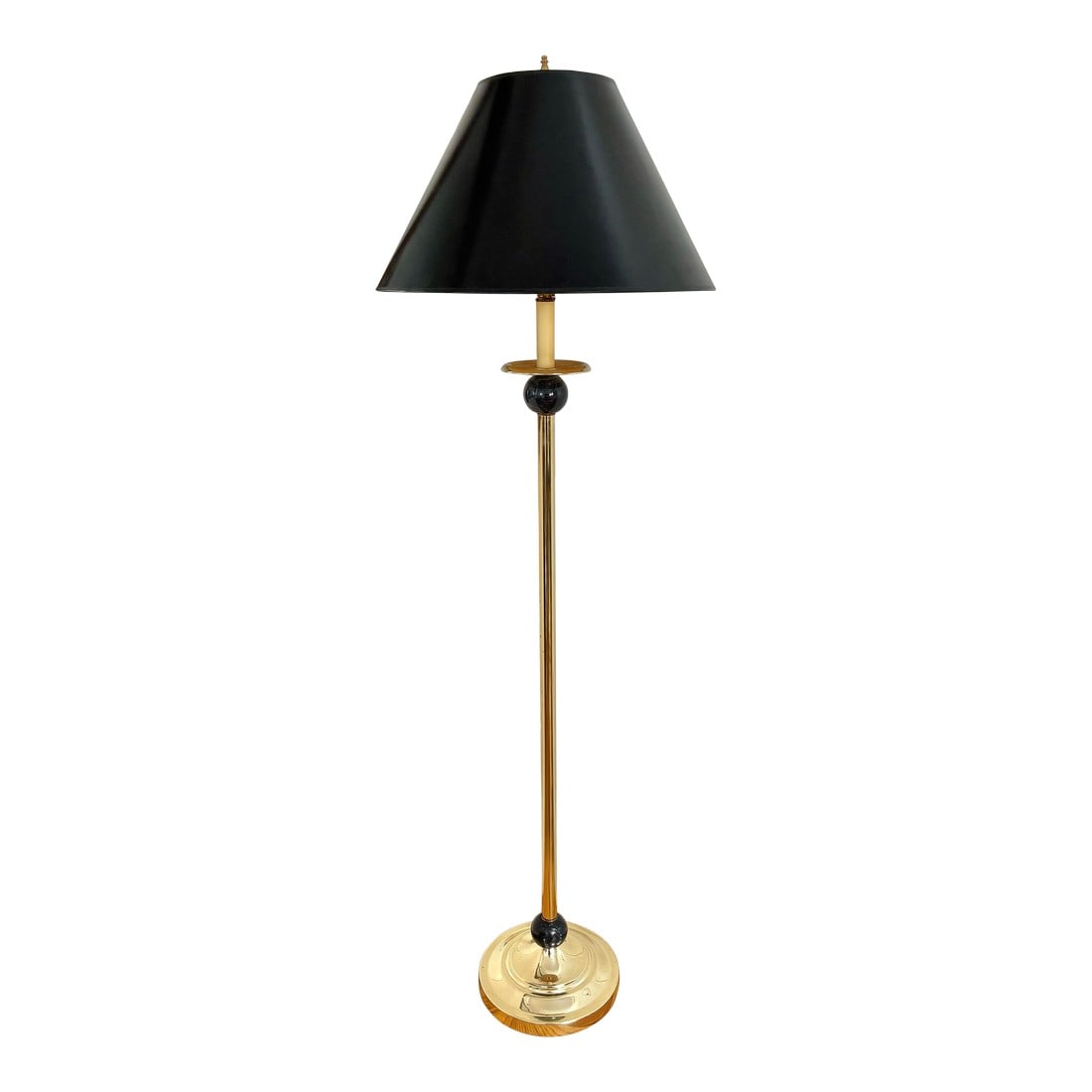 1970s Brass Floor Lamp With Marble Orbs and Black Shade: Vintage 1970s brass floor lamp with black marble orbs and paired with a black shade. Dignified and masculine. Please see condition details noted. The shade is included as a courtesy, and shows damage