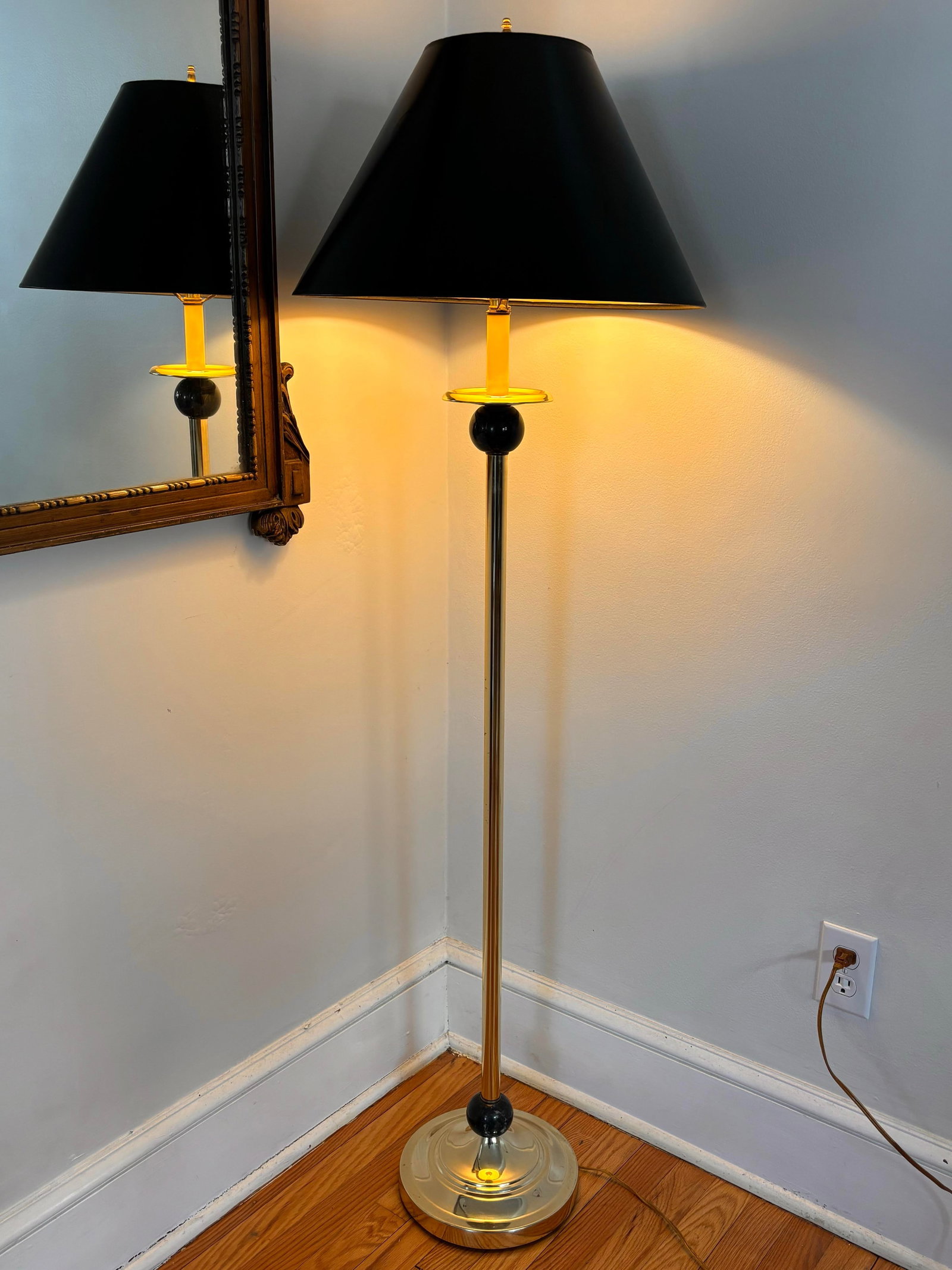 1970s Brass Floor Lamp With Marble Orbs and Black Shade - 3