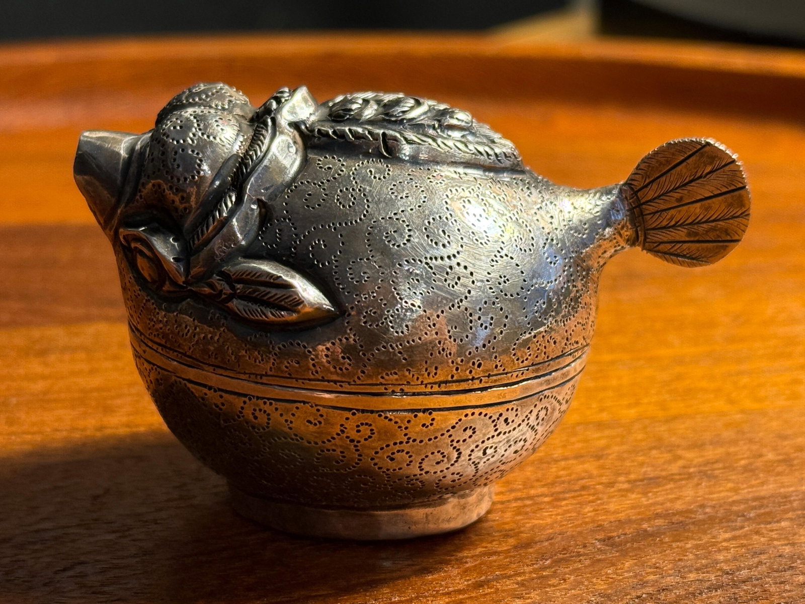 Vintage 900 Silver Cambodian Puffer Fish Repousse Lidded Trinket Box - 5