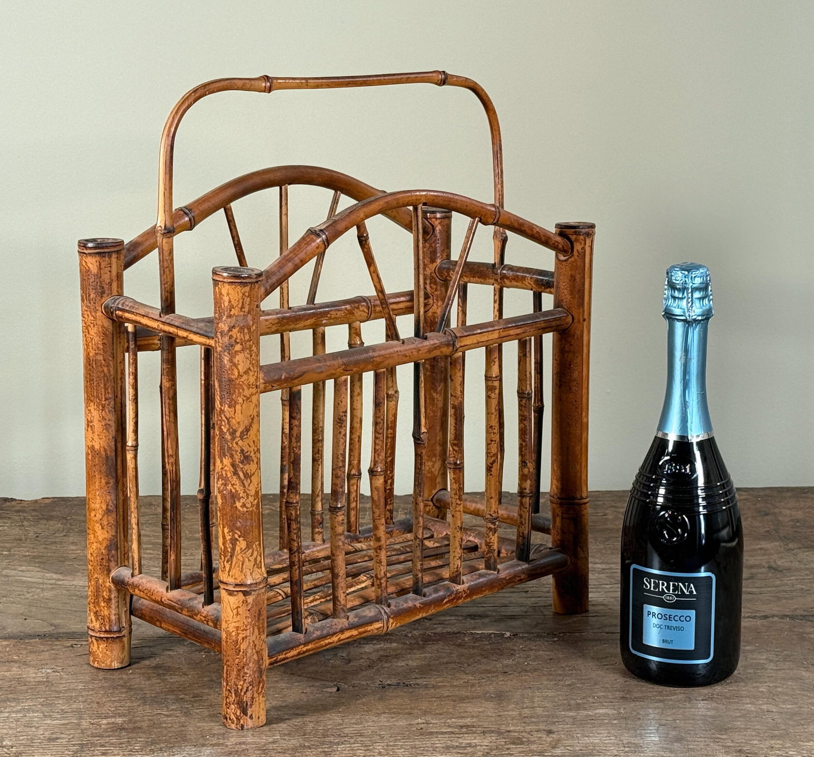 Burnt Bamboo Magazine Rack Chinoiserie Hollywood Regency Rattan Style Holder - 3