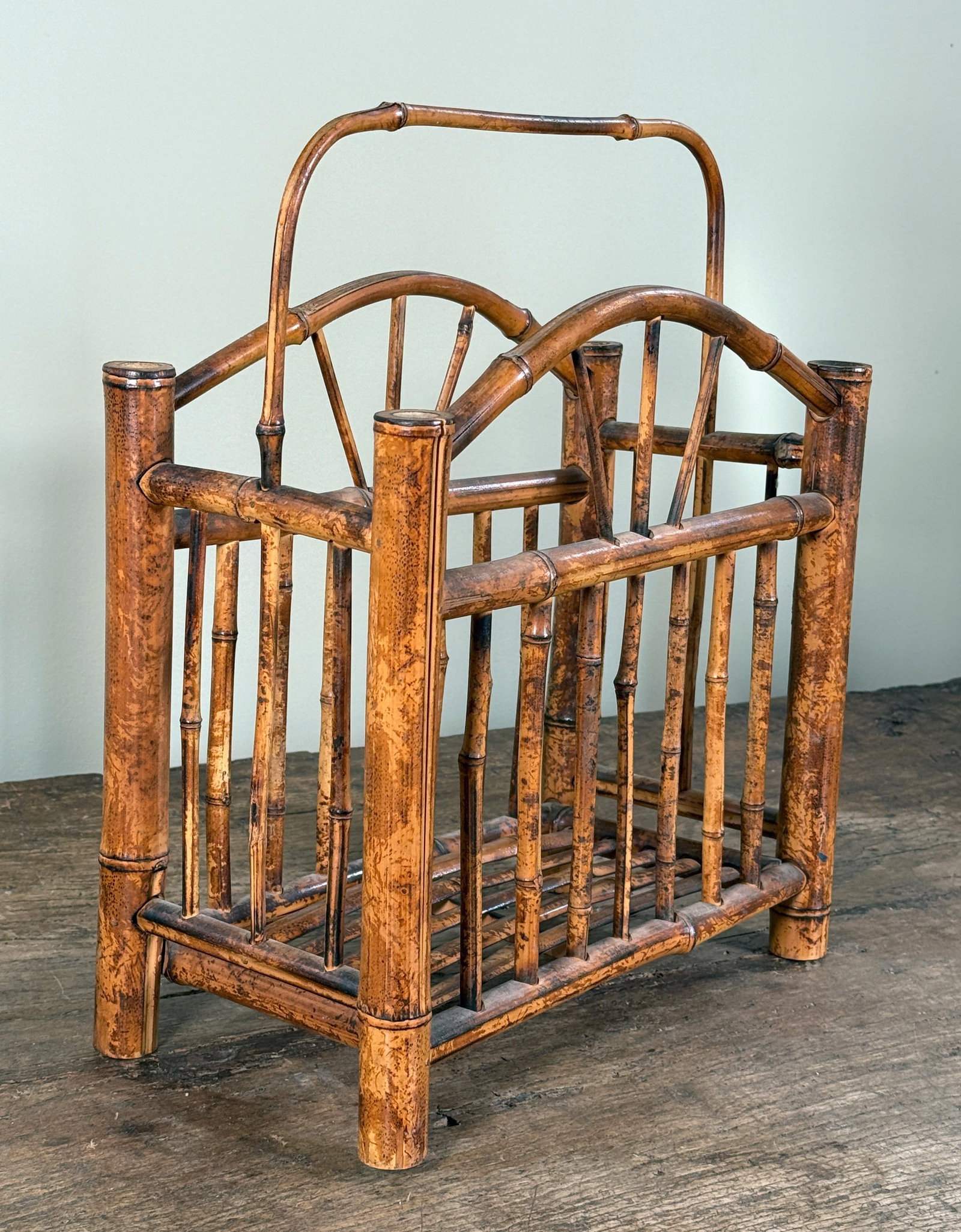 Burnt Bamboo Magazine Rack Chinoiserie Hollywood Regency Rattan Style Holder - 6