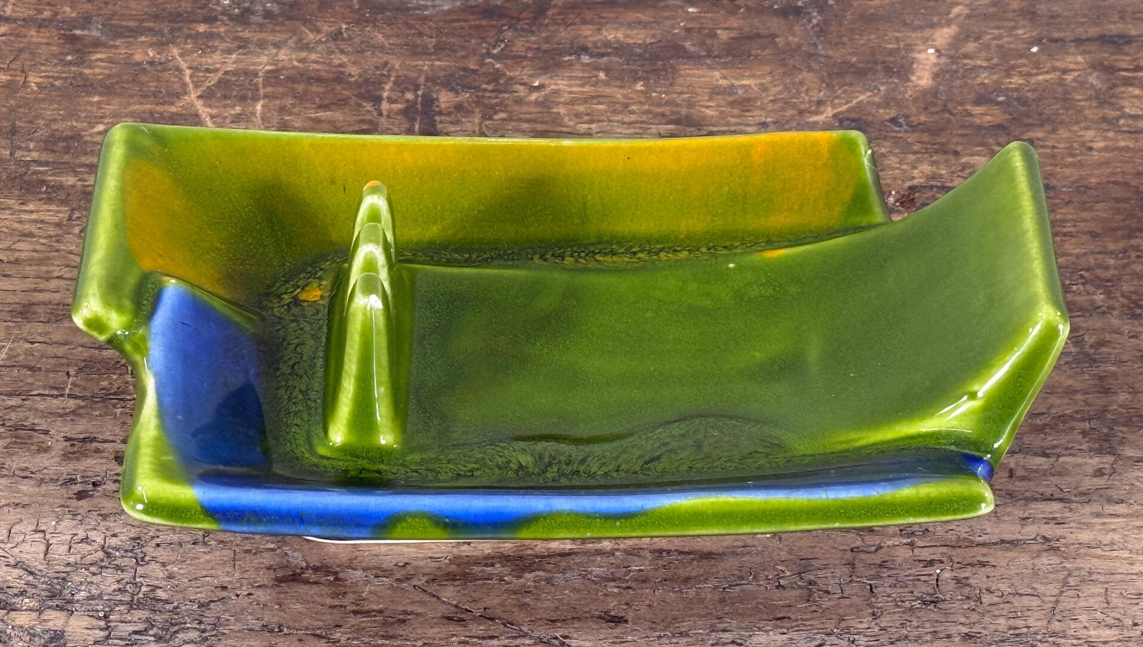 Mid Century Modern Calif Usa Green and Blue Ceramic Ashtray California Art Pottery - 3