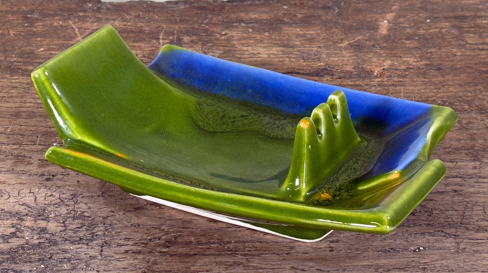 Mid Century Modern Calif Usa Green and Blue Ceramic Ashtray California Art Pottery - 4
