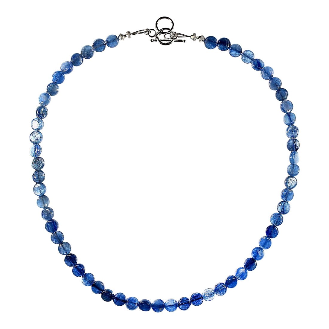 Ajd 18 Inch Glowing Kyanite 7 MM Round Tablet Necklace Great Gift!: This stunning 18"‘inch Kyanite necklace is a beautifully balanced blend of elegance and everyday wearability. Featuring smooth 7 mm round tablet"‘shaped Kyanite beads, it showcases the