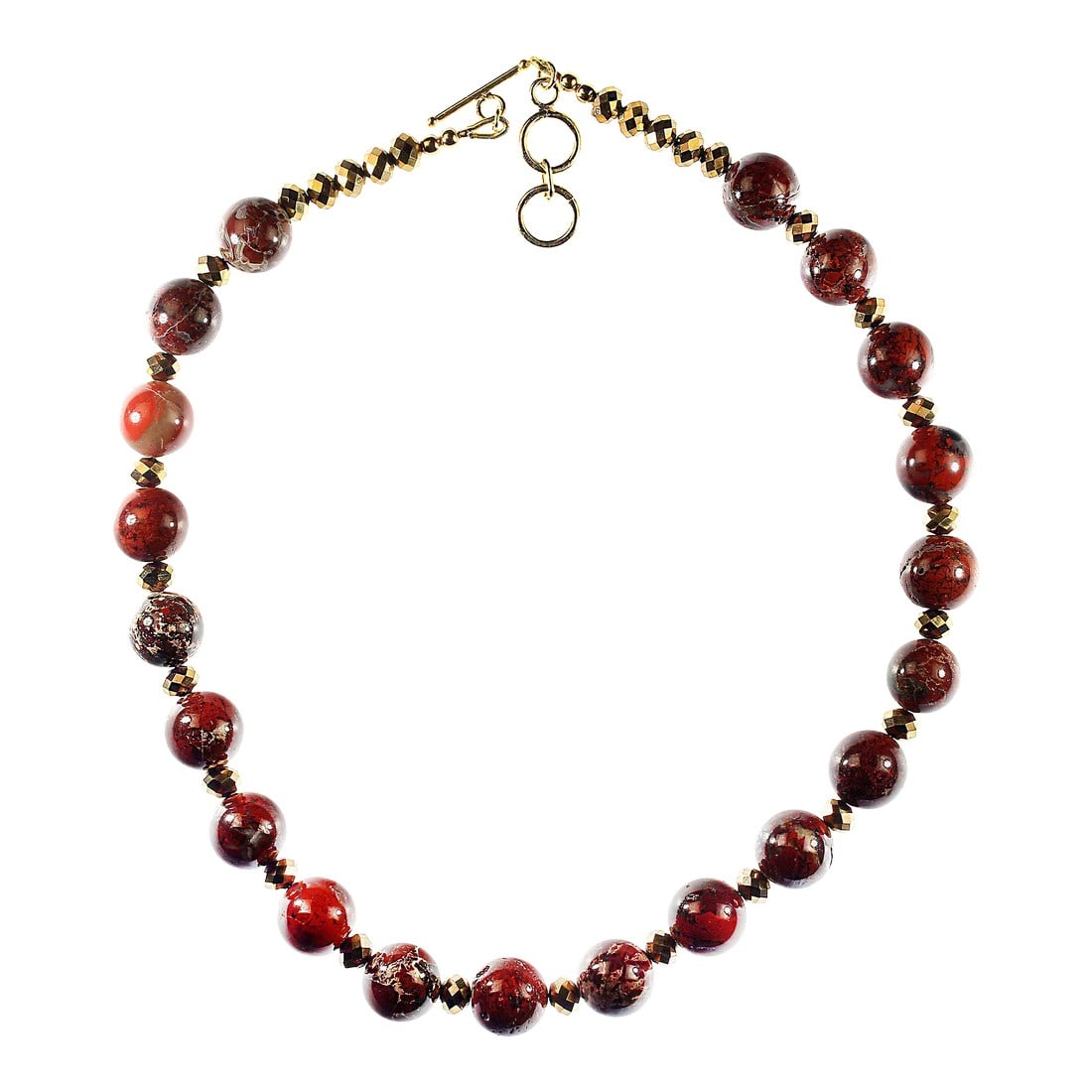 Ajd 17 Inch Poppy Jasper With Goldy Accents Necklace Great Gift: A 17"‘inch Poppy Jasper necklace like this deserves a description that truly captures its warmth and character. This striking piece features highly polished 12"¯mm Poppy Jasper beads, each