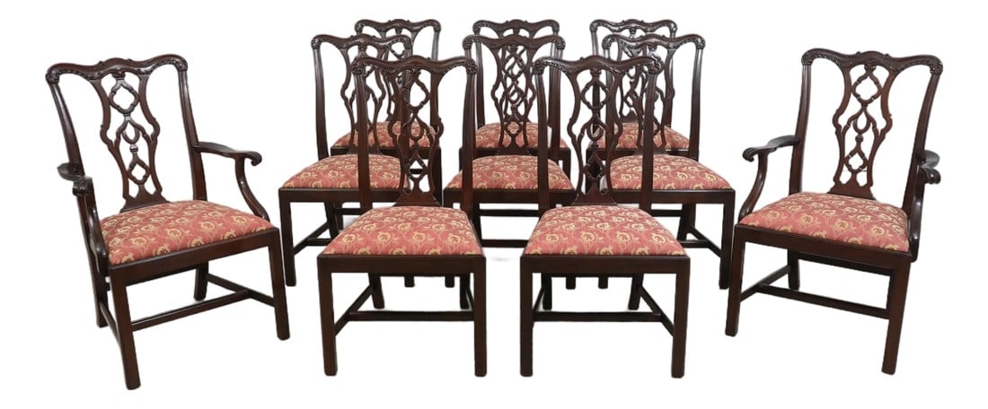 Set of 10 Henkel Harris Model 115 Mahogany Dining Room Chairs: Age: Approx: 15 Years Old Details: Finish no.29 Model 115 Fine Carved Details High Quality Construction 18 C. Design Chippendale Style Traditional Style Stretcher Base Frame Offered @ Fraction Origina